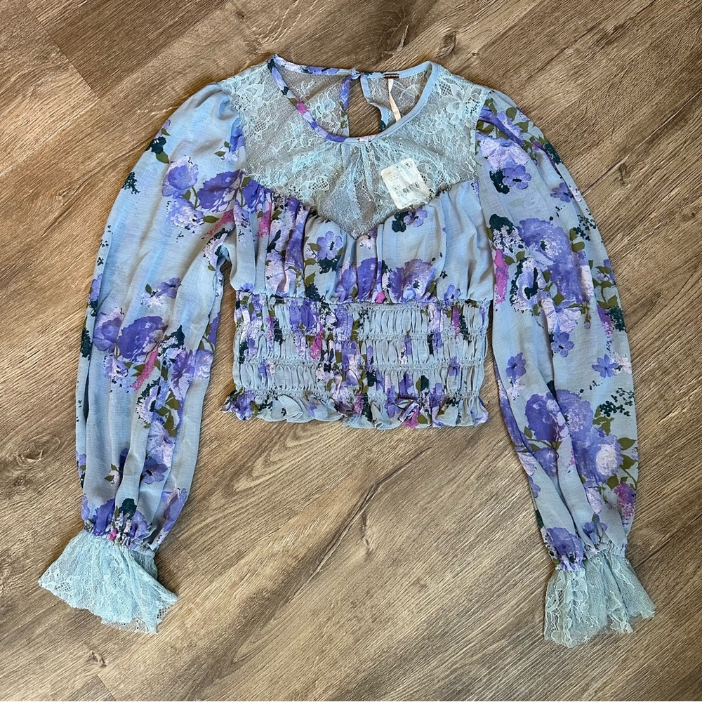 Free People Floral Lace Blue Purple Top